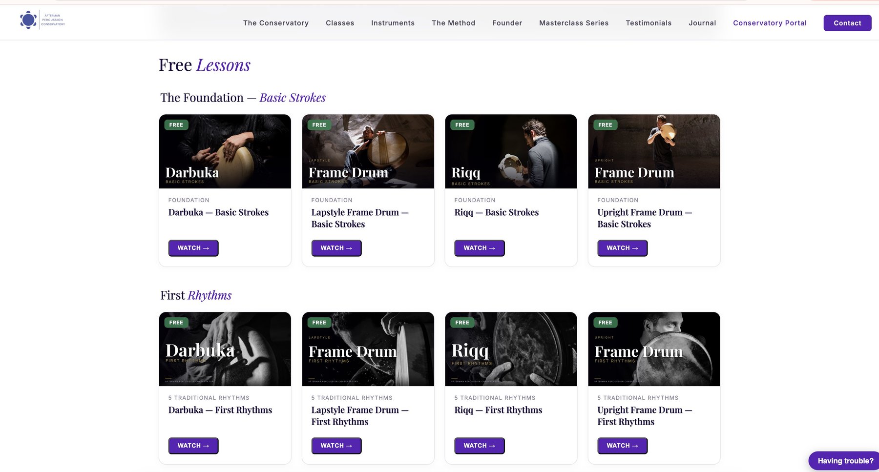 Free lessons inside the Conservatory portal: Darbuka, Frame Drum, Riqq and Upright, basic strokes and first rhythms, each marked Free
