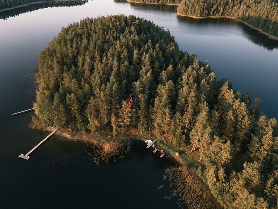 The Šiaurys peninsula from above, forest and lake