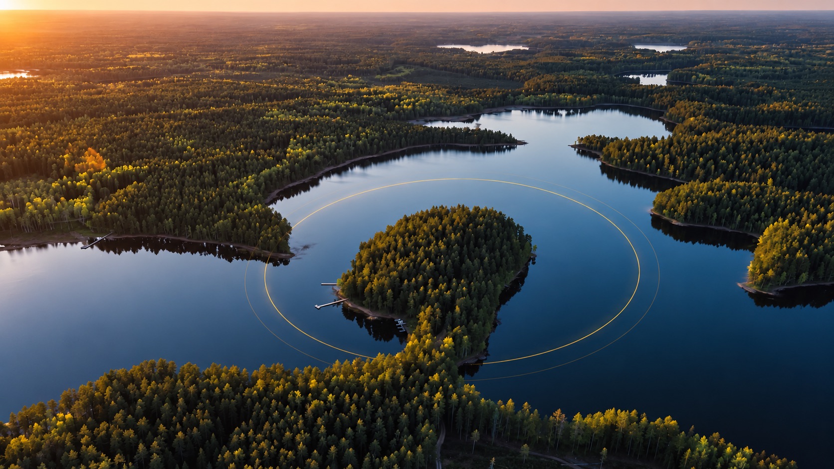 A forest lake in Lithuania from above at sunset, with rings spreading out around the peninsula